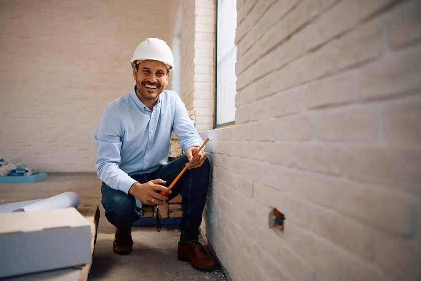Contractor kneeling and smiling on a home services job site